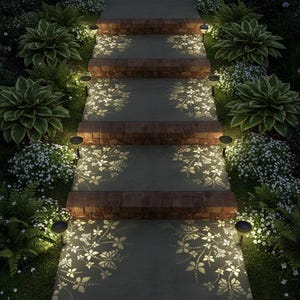 May include: Outdoor pathway with brick steps and solar lights. The steps are illuminated with a floral pattern. Lush green plants and white flowers border the pathway, creating a serene garden scene. The lights cast a warm glow.