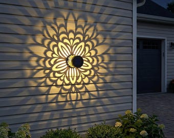 Luz solar para valla con diseño de mandala de cinco puntas, luz de pared de metal para terraza o escalón de exterior, adecuada para decoración de jardín.