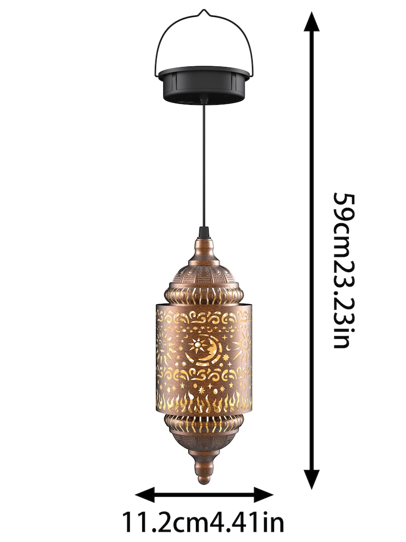 May include: Bronze-colored hanging lantern with a decorative cut-out design featuring a sun and moon motif. The lantern is 4.41 inches wide and 23.23 inches long, with a black top and handle.