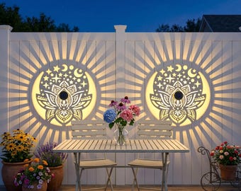 Lotus And Moon Pattern Solar Fence Lights, Metal Outdoor Deck/Step Wall Lights