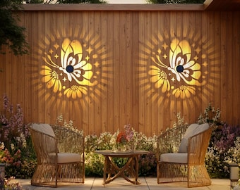 Luz de cerca con energía solar, luz de pared para terraza al aire libre con forma de mariposa y revestimiento de metal para decoración de jardín.