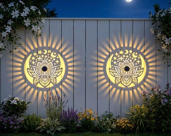 Luces solares para vallas con diseño de loto y luna, luces de pared metálicas para terrazas y escalones exteriores