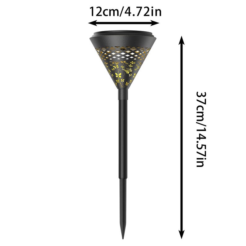 May include: Black solar-powered garden light with a decorative butterfly pattern. The light is 14.57 inches tall and 4.72 inches wide. The top of the light has a cone shape with a decorative pattern. The light has a stake for easy placement in the ground.