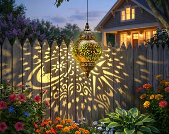 Outdoor Solar Hanging Lanterns, Waterproof Moon Sun and Star Decorative Lights for Garden (1-Pack)