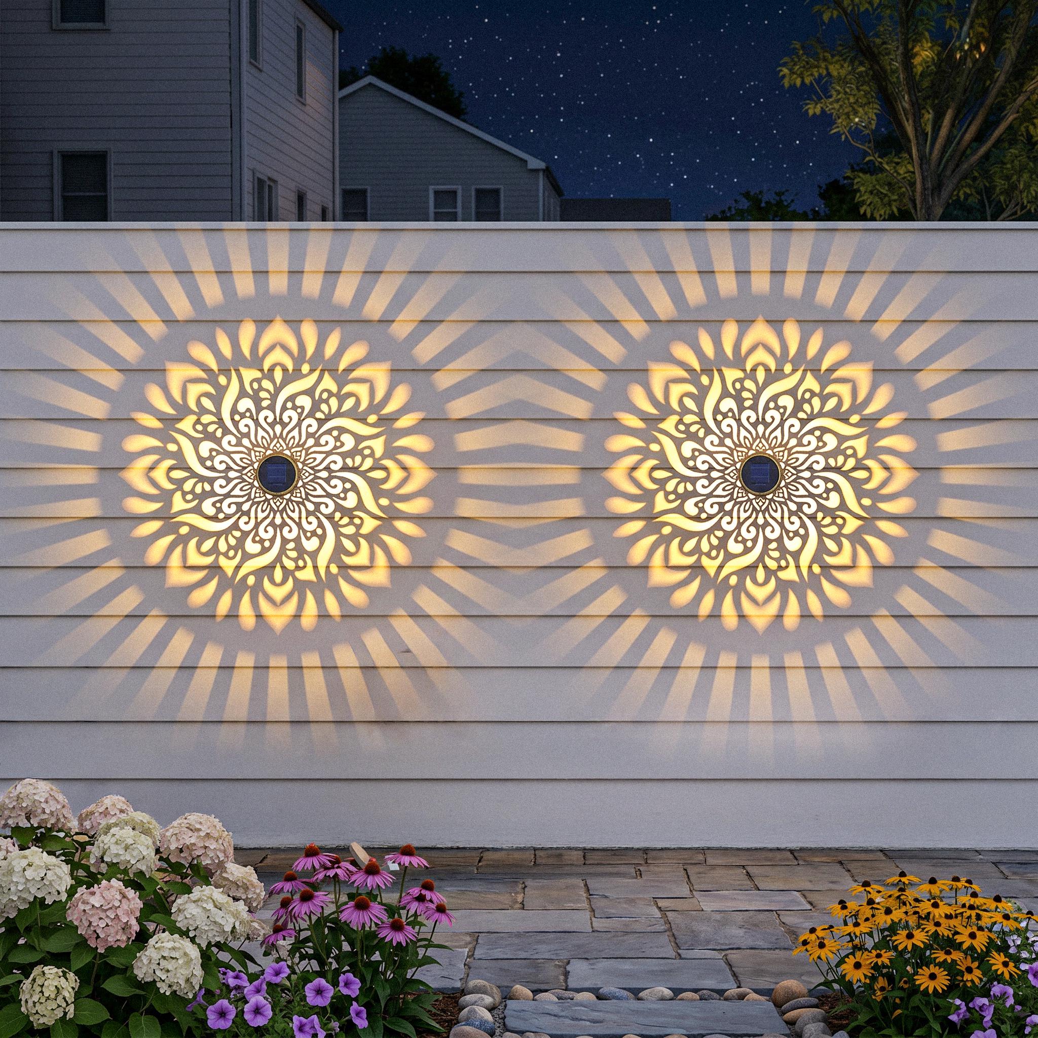 Solar-Powered Mandala Projector Light – Decorative Metal Shadow Light For Fence, Patio & Garden, Warm White LED, Sunflower Design