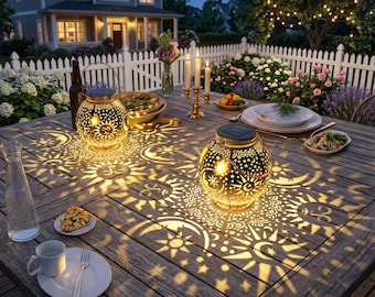 May include: Two spherical metal solar lanterns with intricate cutouts of suns, moons, and stars sit on a wooden outdoor table. The lanterns emit a warm glow, casting detailed celestial patterns onto the surface of the table in a dark setting.