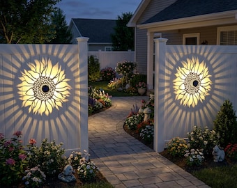 Luz de cerca con energía solar, luz de pared para terraza al aire libre con forma de girasol de metal para decoración de jardín.