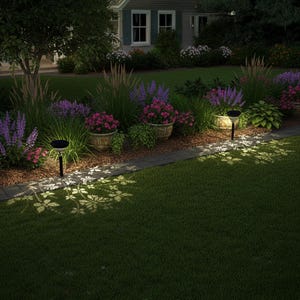 May include: Two solar-powered garden lights illuminate a lush green lawn, casting leaf-shaped shadows. The lights are positioned near a flower bed filled with purple and pink flowers, creating a decorative outdoor lighting effect.