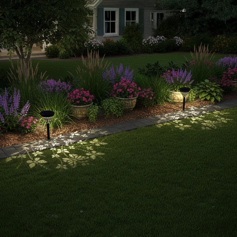 May include: Two solar-powered garden lights illuminate a lush green lawn, casting leaf-shaped shadows. The lights are positioned near a flower bed filled with purple and pink flowers, creating a decorative outdoor lighting effect.