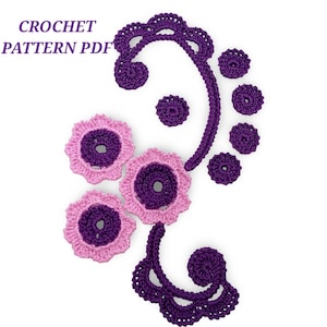 May include: A collection of crochet elements in shades of purple and pink, including floral shapes and decorative swirls. The text "CROCHET PATTERN PDF" is displayed at the top left. The crochet pieces are arranged on a white background.