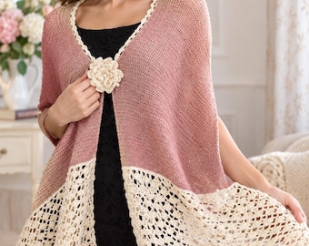 Handmade Merino Wool Shawl with Crochet Flower Brooch - Cappuccino & Cream