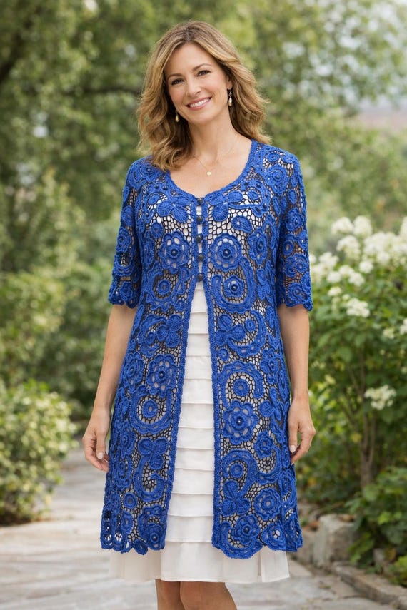 lace cardigan for dress Handmade Blue Irish Crochet Lace Cardigan - Elegant Cotton Jacket