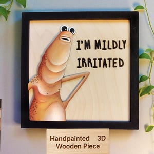 May include: A hand-painted 3D wooden artwork in a black frame. The image shows a cartoon creature in tan with the text "I'M MILDLY IRRITATED". A small wooden sign below reads "Handpainted 3D Wooden Piece".
