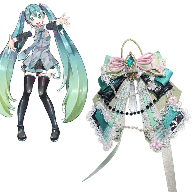 Hatsune Miku Inspired Handmade Spring Cheer Ribbon Bow Charm in Miku ...
