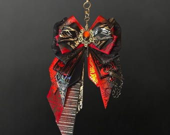 Handmade Gothic Ribbon Bow Charm | Red Black Ita Bag Accessory