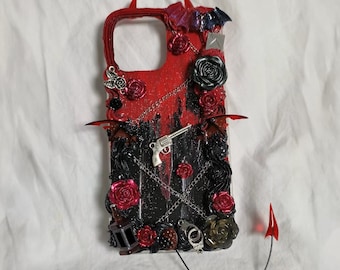 Gothic Devil Phone Case Red Black Drip Design Handmade Cream Glue Deco Roses Chain Charm Bat Wings Dark Aesthetic Cover