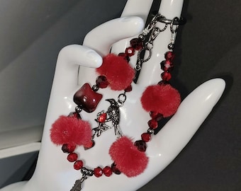 Love and Deep Space Sylus Inspired Dark Fantasy Charm with Soft Red Pom Texture, Raven Accent