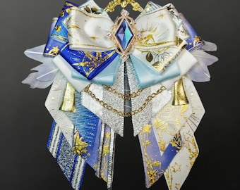 Handmade Honkai Star Rail Sunday Bow: Blue, White, Gold Ribbons with Gem