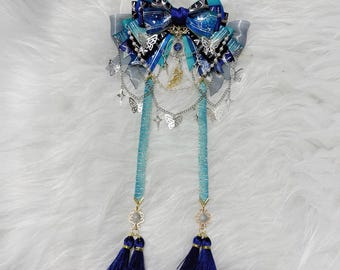 Handmade Genshin Wanderer Inspired Support Bow with Teal Ribbons, Silver Charms and Navy Tassels