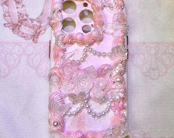 Handmade Cream Glue Phone Case, Pink Resin Pearl Floral Deco Case, Kawaii Style Accessory