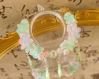 Love and Deep Space Calbe Handmade  Hydrangea Inspired Beaded Bracelet, Pastel Floral Jewelry