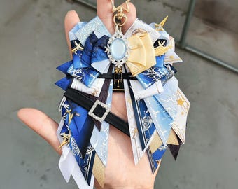 Handmade Sunday Honkai Star Rail Bow: Blue, White, Gold Ribbons with Gem