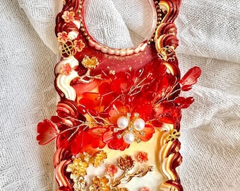 Handmade Decoden Phone Case, Cream Glue Red Floral Pearl Design