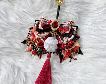 Genshin Kaedehara Kazuha Bow – Handmade Red Maple Ribbon with Gemstone