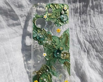 Handmade Green Floral Phone Case Nature Inspired Resin Design