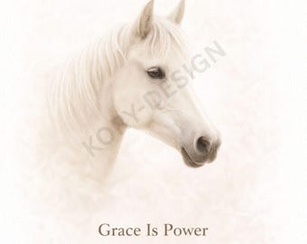 Arte de pared imprimible con retrato de caballo / La gracia es poder / Decoración cálida y femenina