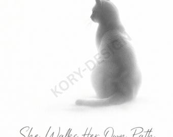 Arte de pared de gato imprimible / Ella sigue su propio camino / Decoración minimalista de animales / Arte de pared femenino moderno para descargar