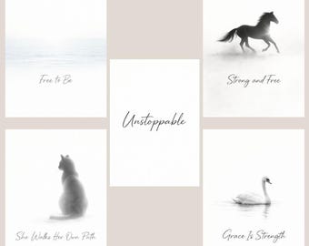 Paquete de arte de pared imprimible de mujeres salvajes / Cisne, caballo, gato, océano / Decoración minimalista de empoderamiento