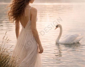 Arte de pared imprimible de mujer y cisne / La gracia es fuerza / Decoración de naturaleza femenina / Arte de empoderamiento bohemio