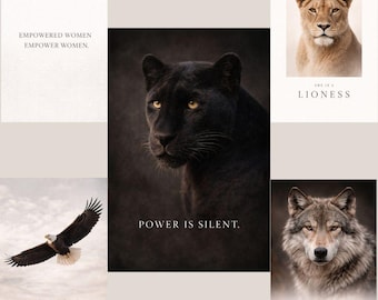 Paquete imprimible de animales con poder femenino / Arte mural de leona, lobo, águila y pantera / Decoración para mujeres empoderadas