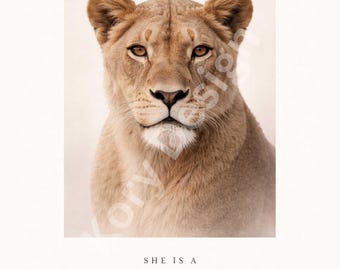 Arte de pared de leona imprimible / Arte animal de poder femenino / Decoración de mujer fuerte / Retrato de animal salvaje para descargar