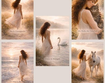 Conjunto de arte mural "Fuerza Femenina" / Mujer con Cisne, Caballo, Gato, Océano / Set Imprimible de Empoderamiento