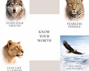 Conjunto de arte mural de mujeres valientes: leopardo, leona, águila y lobo; set imprimible de empoderamiento audaz.