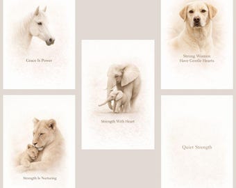 Conjunto de arte mural "Fuerza Suave" / Elefante, Leona, Caballo, Perro / Set imprimible de empoderamiento femenino