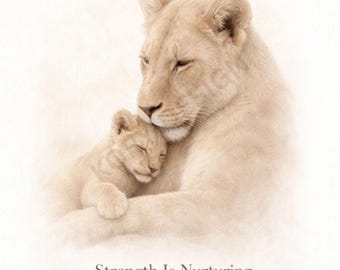 Arte de pared imprimible de leona y cachorro / La fuerza nutre / Decoración de poder femenino