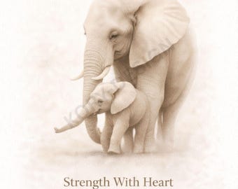 Arte de pared imprimible de una madre elefante y su cría / Fuerza con corazón / Decoración de naturaleza femenina