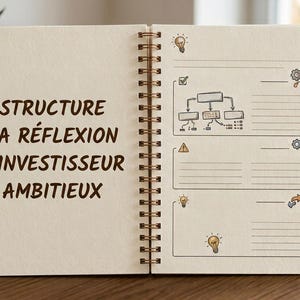 Può includere: Un quaderno a spirale con pagine color crema. La pagina sinistra presenta il testo marrone scuro 'STRUCTURE TA RÉFLEXION D'INVESTISSEUR AMBITIEUX'. La pagina destra contiene tre sezioni delineate con piccole icone, tra cui lampadine e ingranaggi.