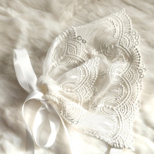Belle baptism bonnet, girls lace baptism bonnet, pretty vintage baptism bonnet, dainty christening bonnet,  beautiful girls baptism bonnet