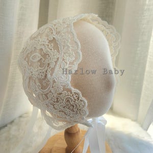 Ashley baptism bonnet, girls alencon lace baptism bonnet, pretty floral baptism bonnet, delicate lace christening bonnet, girls lace baptism