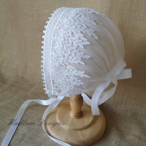 Mila baby girl lace ivory christening baptism heirloom bonnet head piece with ribbon floral leafy lace