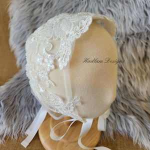 Camila baptism bonnet, girls sequence lace baptism bonnet, sparkly beaded baptism bonnet, beaded lace christening bonnet, pearl lace baptism