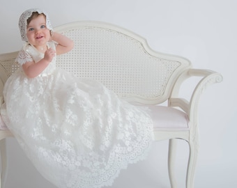 Sierra baby girl Lace long heirloom ivory couture christening baptism communal gown flower girl dress with cap sleeves scallop hem tulle