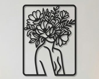 Flower Head Woman Metal Wall Art, Modern Abstract Floral Decor, Geometric Woman Artwork, Minimalist Wall Hanging, Elegant Floral Head Art