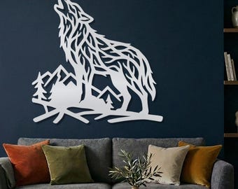 Wolf Metal Wall Art, Howling Wolf and Mountain Decor, Geometric Wolf Artwork, Nature Wall Hanging, Wildlife Metal Art, Modern Wolf Wall Sign
