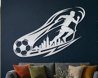 Soccer Player Metal Art, Football Skyline Decor, Sports Wall Decor, Modern Athlete Wall Hanging, Soccer Lover Gift, Kids Room Sports Art