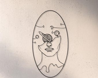 Abstract Face and Saturn Metal Wall Art, Cosmic Geometric Wall Decor, Minimalist Space Sculpture, Home Office Decor, Valentine Gift for Her